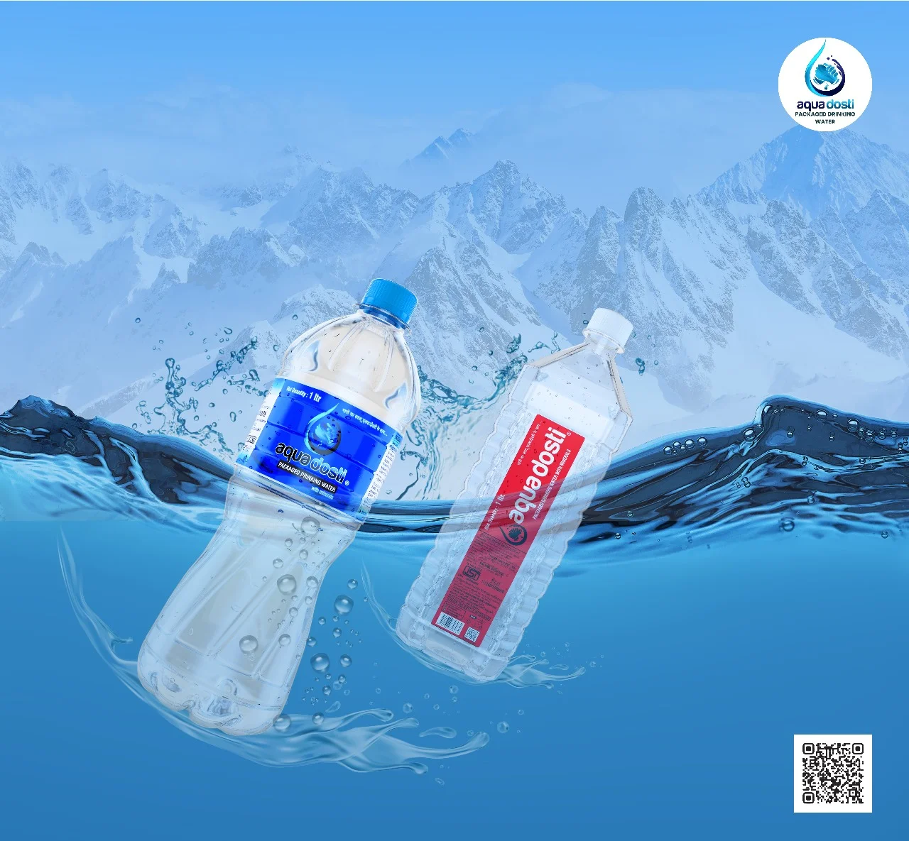 Premium Aqua Dosti water bottles with crystal clear water and elegant packaging against royal blue background showcasing luxury mineral water brand 